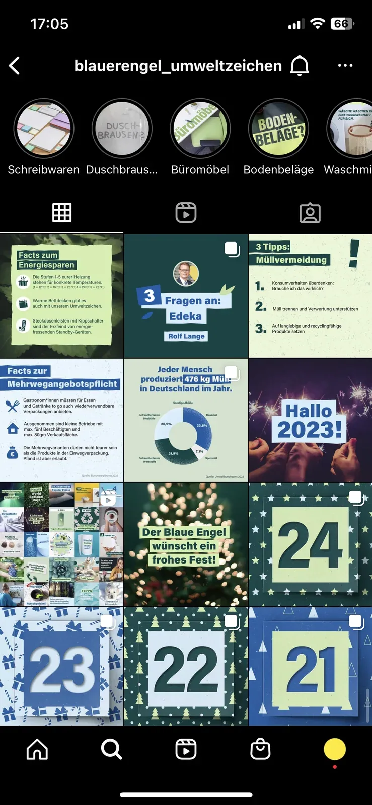 Der Instagram-Kanal des Umweltzeichens, in der Reihe steht die Kachel "3 Fragen an: Edeka" neben den übrigen Beiträgen.