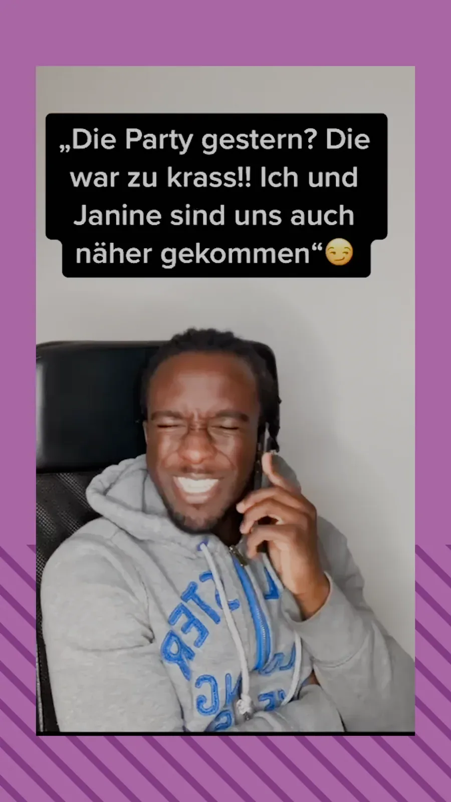 Chatblase über gerahmtem Handyvideo, die Streifenfläche im Hintergrund läuft animiert mit.