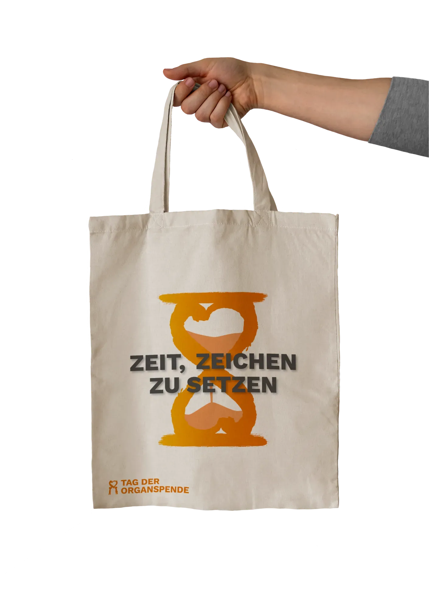 Jutebeutel mit Sanduhr und Claim, das haptische Give-away der Aktionstage.