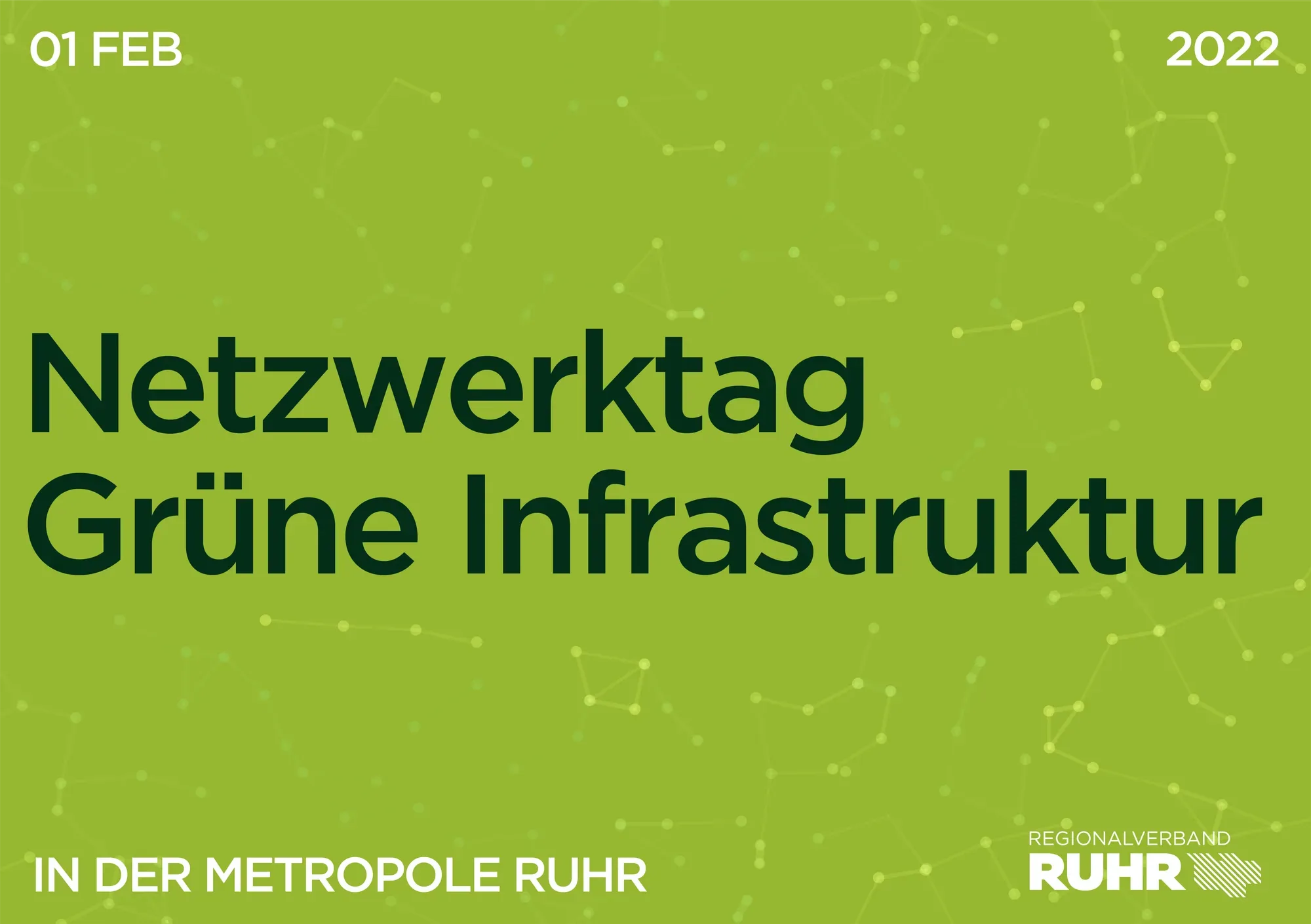 Keyvisual zum Netzwerktag Grüne Infrastruktur, helle Fassung mit Netzstruktur, Datumsleiste und Verbandslogo.