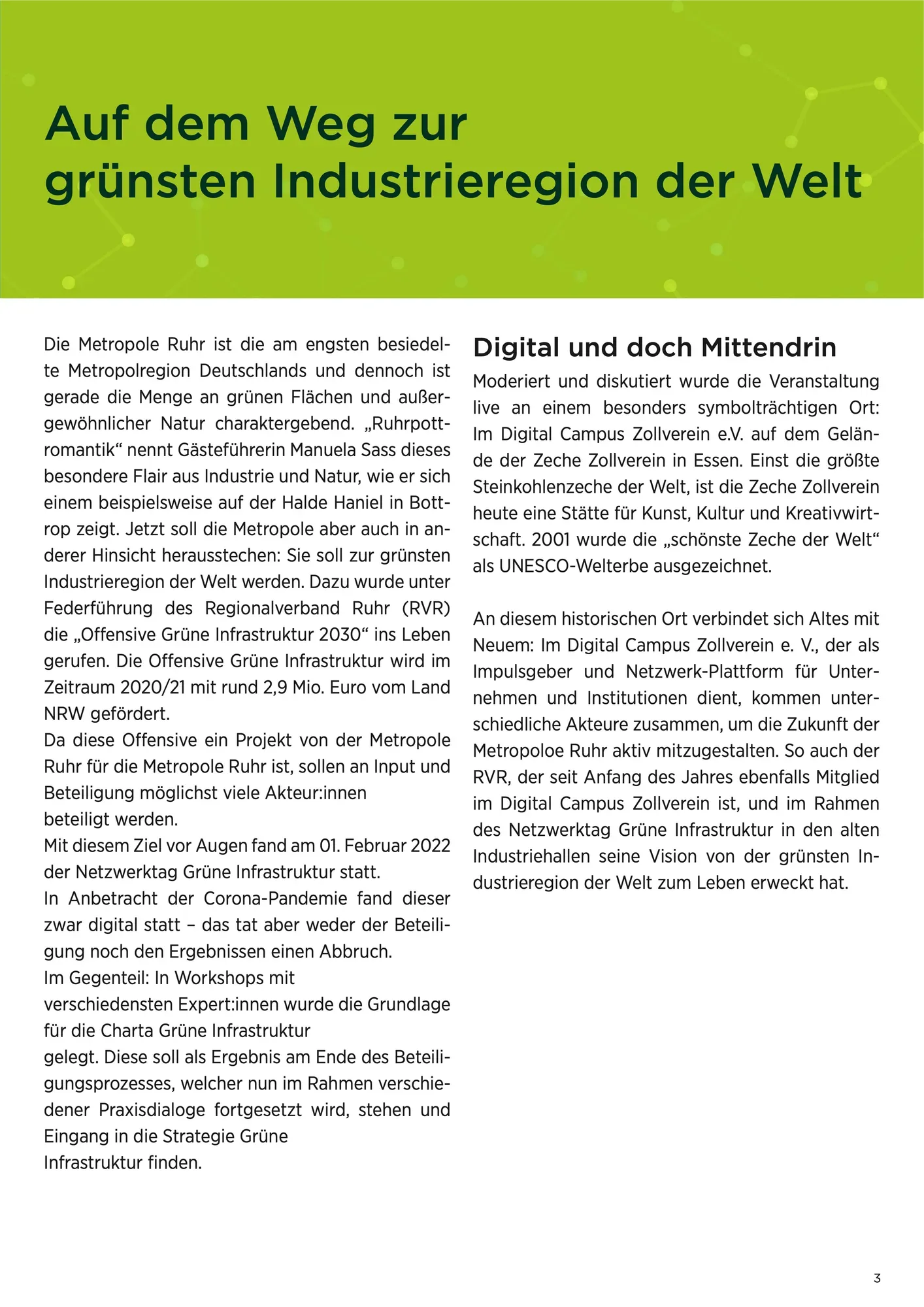 Innenseite der Dokumentation mit grünem Kapitelbalken und zweispaltigem Satz.
