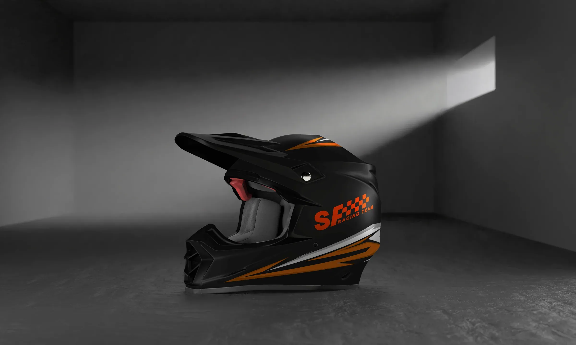 Helm des Teams mit Zeichen und Karomuster